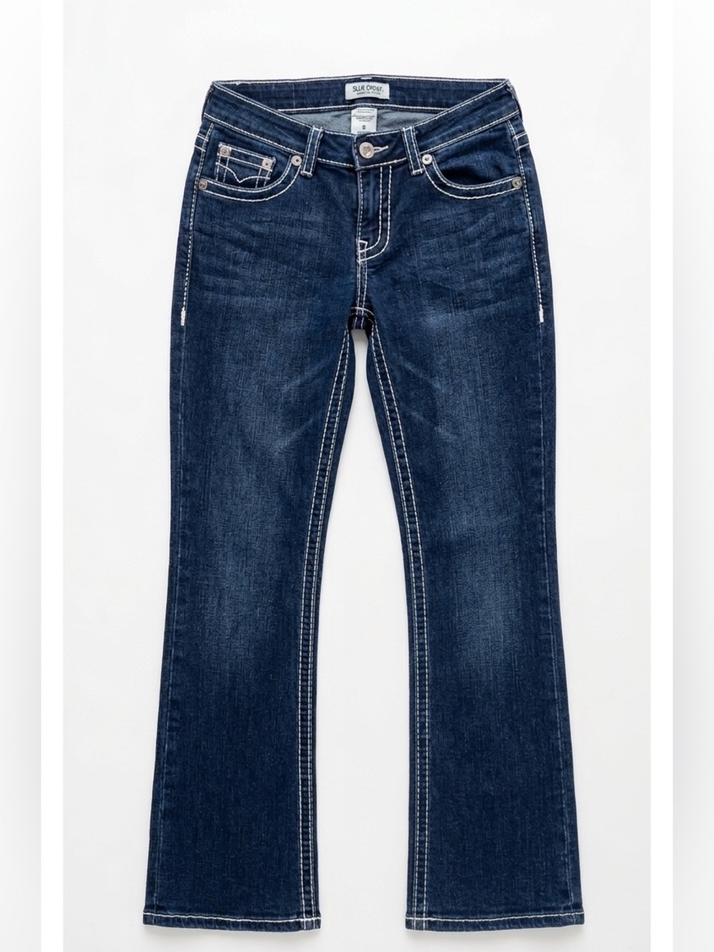 Blue Crush Y2K Dark Wash White Contrast Stitch Bootcut Denim Jeans Women’s 5